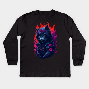 illustration face ninja cat fire focused on the character Kids Long Sleeve T-Shirt